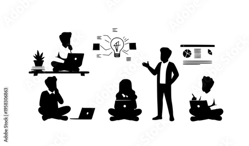 Creative team brainstorming and developing new ideas with lightbulb concept and laptops.