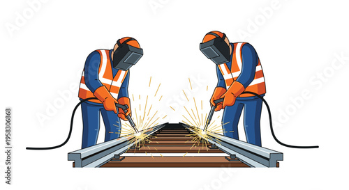 Two workers in welding masks are actively welding parallel railway tracks, producing bright sparks.