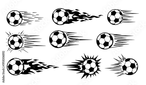 Flying soccer balls with fire flames and speed trails for dynamic sports graphics.