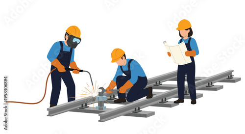 Three construction workers are assembling new railway tracks, with one welding, one tightening, and one reviewing plans.