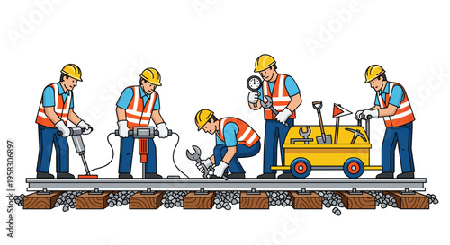 Five construction workers in safety gear are actively repairing a section of railway track with various tools.