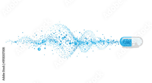 A transparent capsule filled with blue spherical particles releases its contents, forming an undulating wave pattern on a white background.