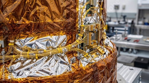 Macro shot of a satellite component in amber Kapton insulation and gold wire harnesses, revealing highly reflective silver mylar beneath.