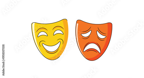 A bright yellow happy theatrical mask and an orange sad theatrical mask are positioned side-by-side on a white background.