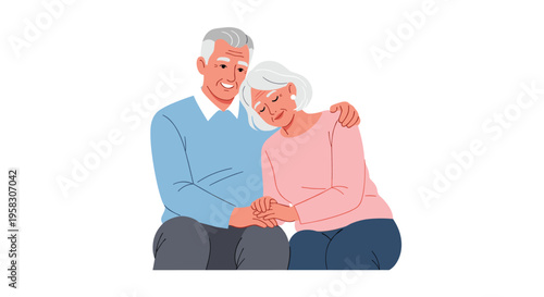 An elderly couple with grey hair sits together, the man in a blue sweater embracing the woman in a pink top, their hands clasped.