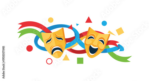 Two golden theatrical masks, one happy and one sad, are surrounded by colorful ribbons and geometric confetti shapes on a white background.