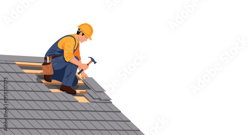 A construction worker wearing a hard hat and overalls kneels on a grey shingled roof, hammering a shingle into place.