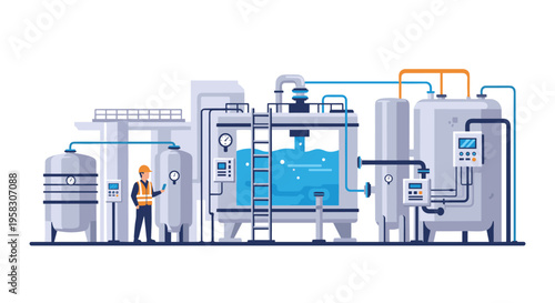 A worker in a hard hat monitors control panels at a modern industrial water treatment plant with multiple tanks and pipes.