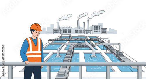 An engineer in a hard hat and vest overlooks a water treatment plant with factories in the background.