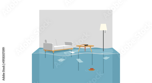 A room is flooded with water covering the floor, partially submerging a sofa, table, and floating papers.