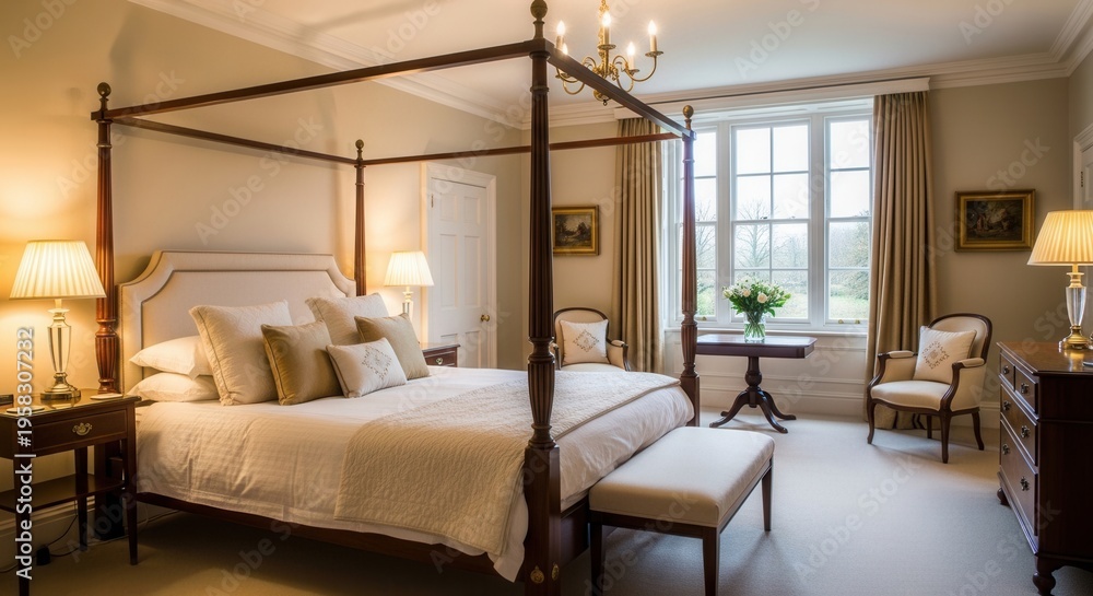 Fototapeta premium Elegant Four Poster Bedroom With Classic Furnishings And Natural Light
