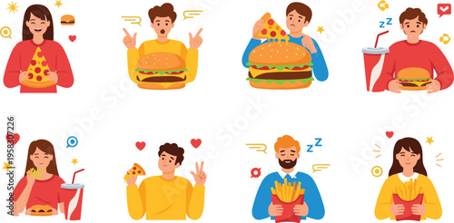 People eating fast food vector set with burgers, pizza, fries and drinks, junk food lifestyle, happy and unhealthy eating habits illustration