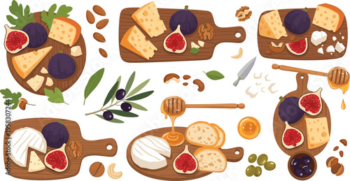 Cheese and charcuterie board vector set with figs, nuts, honey and olives, gourmet appetizer compositions isolated on white background, rustic food illustration collection