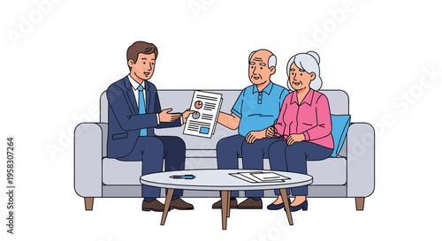 A male agent explains financial documents to an elderly couple on a sofa.