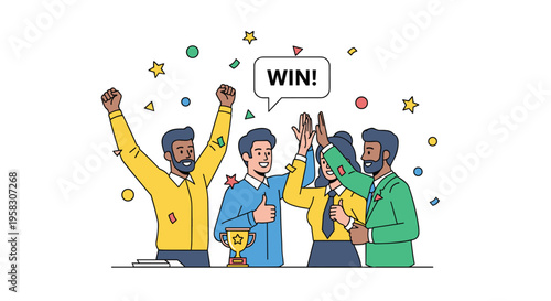 A diverse group of four people celebrates a victory with confetti and a trophy.