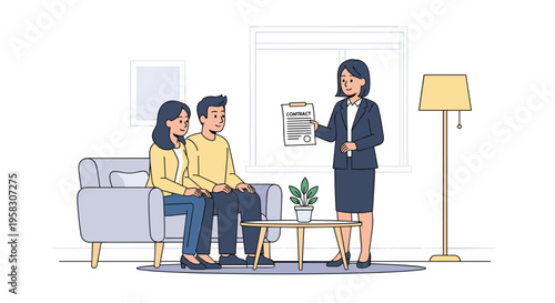 A female agent presents a contract to a young couple seated on a sofa.