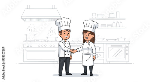 A male and female chef shake hands in a bustling commercial kitchen.