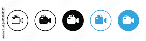 Video camera icon set in black and blue styles, outline and solid camcorder symbols collection vector illustration