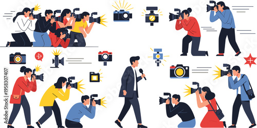 Press photographers and paparazzi vector set with cameras, flashing lights, celebrity interview, media coverage and journalism illustration collection
