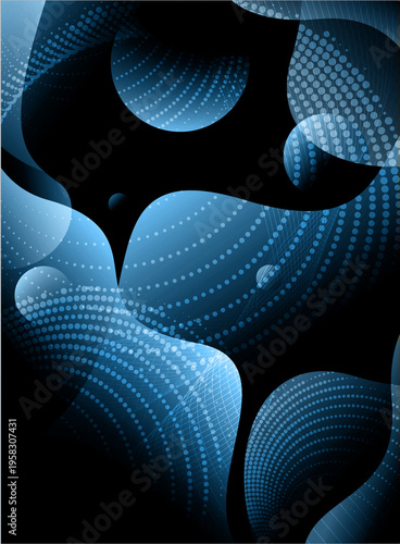 A sophisticated abstract vector illustration featuring fluid, organic shapes in various shades of deep navy and bright cerulean blue