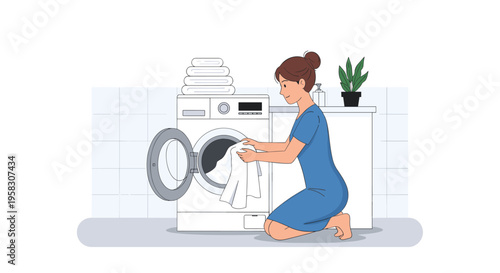 A woman in a blue dress kneels to load white clothes into an open washing machine in a tiled laundry area.