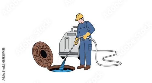 A male worker in blue overalls and a yellow hard hat cleans an open manhole with a high-pressure washer.