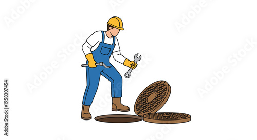 A male worker in blue overalls and a yellow hard hat stands next to an open manhole, holding two wrenches.