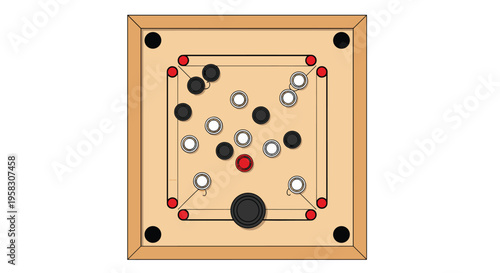 A top-down view shows a carrom board with black, white, and red pieces, and a black striker on a light wooden surface.