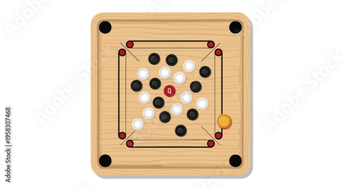 An overhead view of a wooden carrom board with black and white carrom men, a red queen, and a yellow striker.