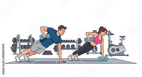 A man and a woman perform plank rows with dumbbells in a gym, with a weight rack and exercise bike in the background.