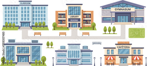 School campus buildings vector set with classroom, library, gymnasium, cafeteria and academic facilities, education infrastructure illustration collection