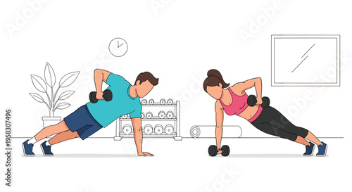 A man and a woman perform plank rows with dumbbells in a gym, with a plant and weight rack in the background.