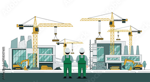 Two male construction workers observe a large construction site with yellow cranes and excavators.