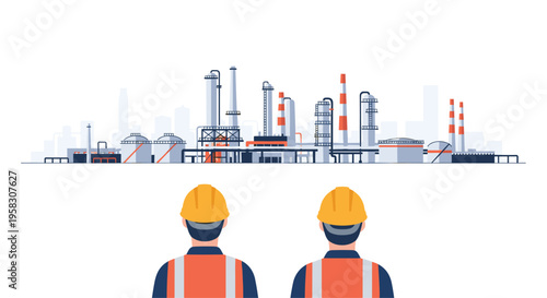 Two male engineers in orange safety vests and yellow hard hats observe a sprawling industrial refinery complex.