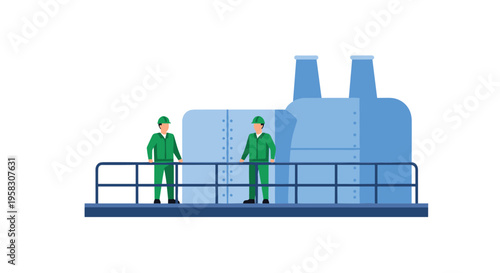 Two male workers in green uniforms stand on a blue platform in front of two large blue industrial structures on a white background.