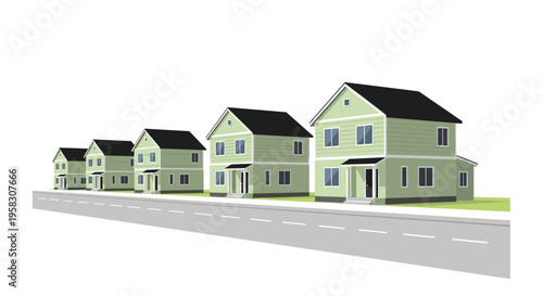 Five light green two-story houses with dark roofs are arranged in a diminishing row along a straight gray road on a white background.