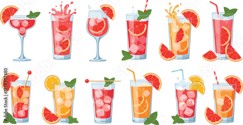 Citrus cocktail drinks vector set with grapefruit and orange slices, refreshing summer beverages with ice and splashes isolated on white background illustration