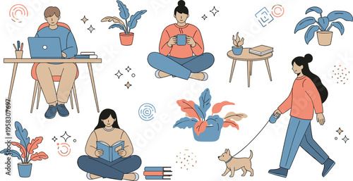 Relaxed home lifestyle vector set with remote work, reading, coffee break, indoor plants and walking dog, cozy daily routine illustration collection