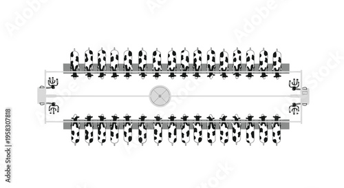 An aerial, monochromatic illustration displays a large rotary milking parlor with numerous cows in a circular formation.
