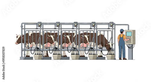 Four brown and white cows are in metal milking stalls, connected to automated equipment, with a worker operating a control panel.