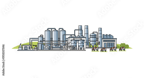 An expansive industrial dairy processing plant with multiple silos and pipes stands on green grass with three grazing cows.