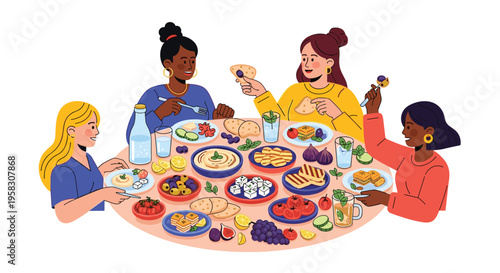 Four diverse women are happily gathered around a large oval table, sharing a vibrant spread of Mediterranean food.