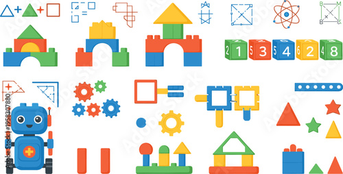 STEM learning elements vector set with robot, geometric shapes, building blocks, gears, math symbols and educational toys, colorful kids illustration collection