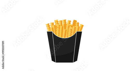A black cardboard carton is filled with golden-yellow crinkle-cut french fries, standing upright on a white background.
