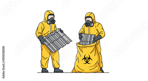 Two workers in yellow hazmat suits handle grey asbestos panels, one holding a stack, the other filling a biohazard bag.