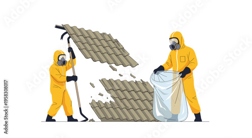 Two workers in yellow hazmat suits remove grey asbestos roof tiles, one with a crowbar, the other holding a clear bag.