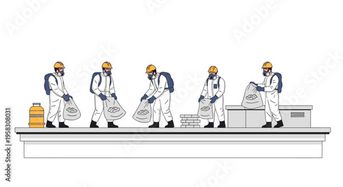 Five workers in white hazmat suits and yellow hard hats handle bags of hazardous material on a grey platform.