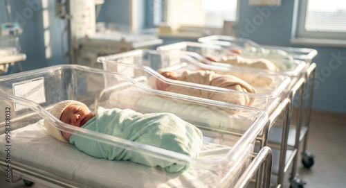 Peaceful newborn babies resting in transparent hospital bassinets in a maternity ward nursery.