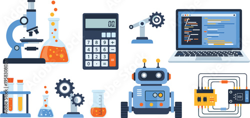 STEM education and technology vector set with laboratory equipment, robotics, coding laptop, science experiments, engineering tools, modern innovation illustration collection