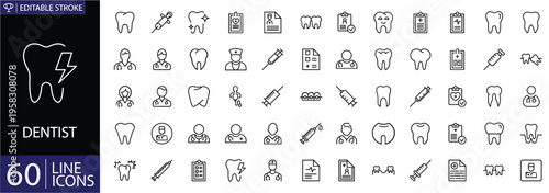 Dentist and Dental Care Line Icons Set, Tooth, Clinic, Medical Tools, Oral Hygiene, Braces, Implant, Editable Stroke Vector Collection
